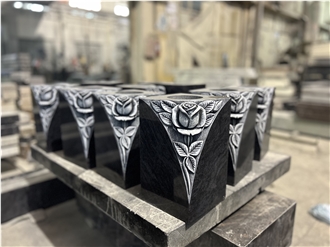 Jet Black Granite Carved Roses Vases