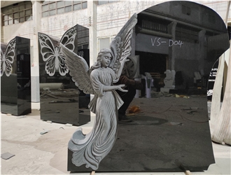 Black Granite Angel Carved Headstone