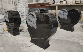 Black Granite Children Cherub Angel Tombstone Heart Style