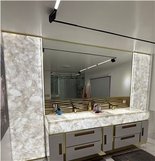 Backlit White Crystal Quartz Semiprecious Stone Bathroom Countertops