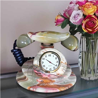 Handcrafted Multicolor Green Onyx Telephone Desk Clock