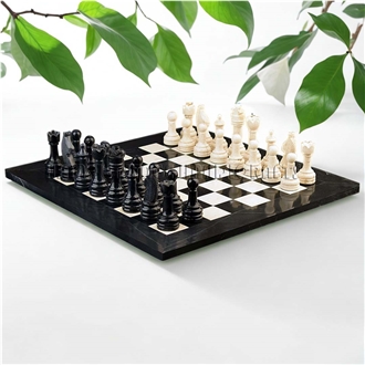 Jet Black & Botticino Marble Chess Set Carving Crafts