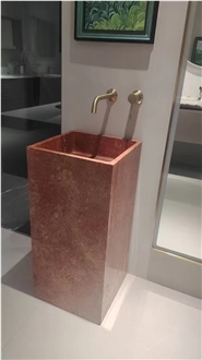 Solid Stone Red Persian Travertine Pedestal Sinks For Bath