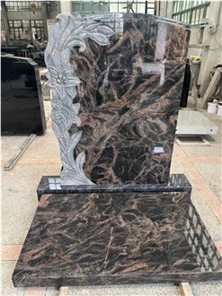 Aurora Granite Polished Tombstone With Flower Carving