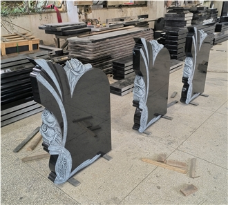 Black Granite Gravestone Rose Carved