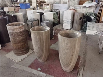 Polished Solid Marble Wooden Gray Pedestal Round Sinks