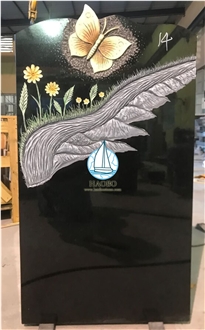 Jet Black Granite Carved Wings Headstones