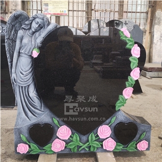Absolute Black Granite Angel Holding Flower Rose Heart Shape Headstone