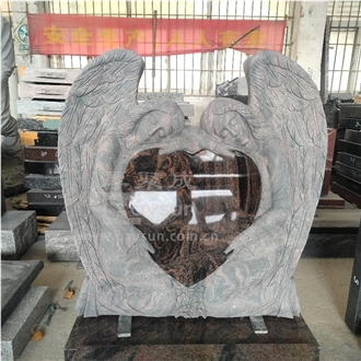 Aurora Granite Brown Color Two Angels Holding Heart Tombstone
