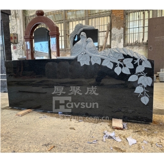 Black Granite Carved Brids On Tree Double Companion Monument