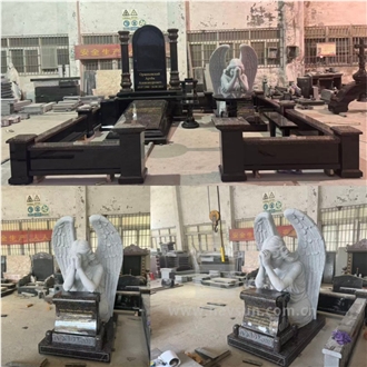 Black Granite Carved Praying Angel Tombstone Complex