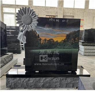 Black Granite Carved Sunflower Single Monument With Etching