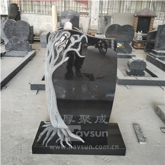 Black Granite Carved Tree Trunk Headstone