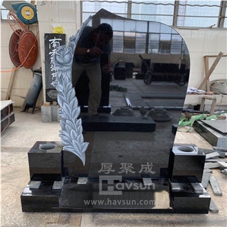 Black Granite Hand Carved Rose Flower Monument