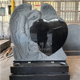Black Granite Open Angel Holding Heart  Monument