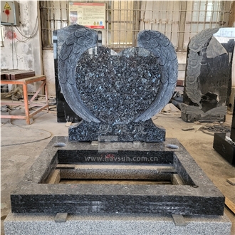 Blue Pearl Granite Wings Holding Hearts Memorial Tombstone