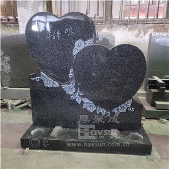 Granite Two Hearts Headstone With Carved Flower