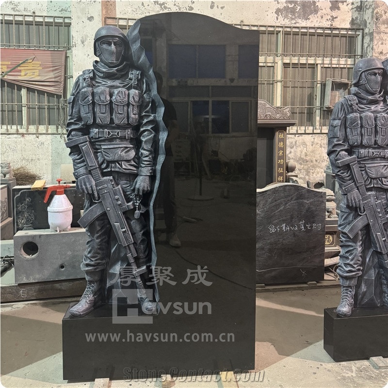 Hand Carved Black Granite Soldier Headstone