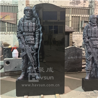 Hand Carved Black Granite Soldier Headstone