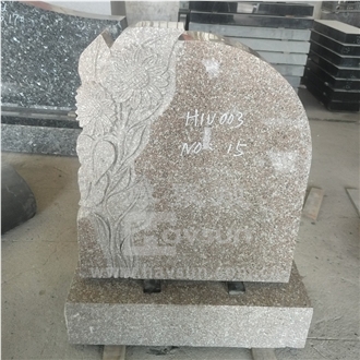 Pink Granite Carved Sunflower Headstone