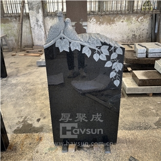 Two Dove Birds On Tree Branch Black Granite Headstone