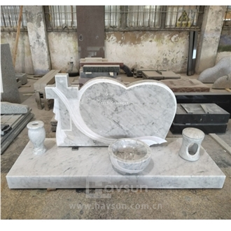 White Marble Cross With Heart Memorial Double Monument