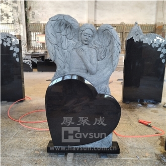 Wing Angel Fairy With Heart Black Granite Headstone
