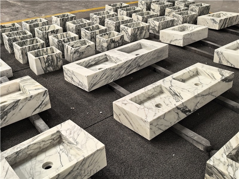 Italy Arabescato White Marble Double Sink Units