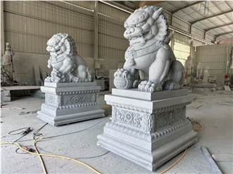 Grey Granite Carved Guardian Lions Sculptures