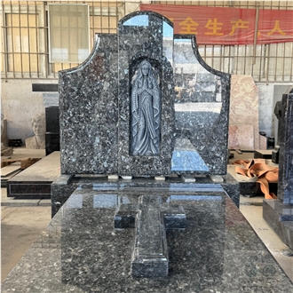 Blue Pearl Granite Carved Our Lady Cross Tombstone