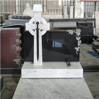 White Marble Gealic Cross With Sword Granite Gravestone