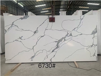 White Quartz Slabs With Marble Vein Texture, 2Cm Polished