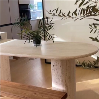 Natural Light Travertine Table With Cylindrical Pedestal Bases
