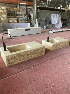 Travertine Rectangular Vessel Sinks With Rough Exterior Edge