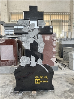 Black Granite Carved Rose Orthodox Cross Russian Tombstone