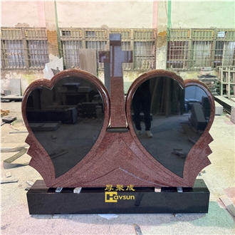 Black Granite Two Hearts With Red Cross Double Monuments