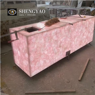 Backlit Pink Crystal Crystal Rose Quartz Semiprecious Stone Kitchen Island Tops