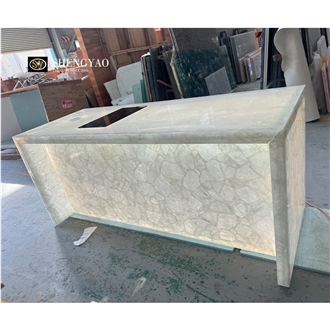Backlit White Crystal Quartz Semiprecious Stone Island Commercial Kitchen Tops