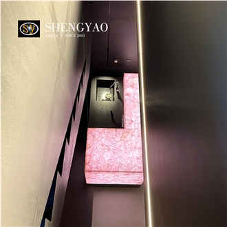 Custom Pink Crystal Rose Quartz Illuminated Semiprecious Stone Countertop