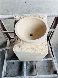 Travertine Natural Stone Vessel Sink With Rough-Hewn Base