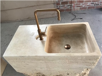 Solid Travertine Block Pedestal Sink