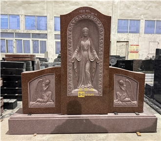 Red Granite Our Lady Open Hand Mary Memorial Headstone