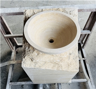 Beige Travertine Handcrafted Pedestal Sink