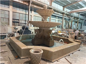 Golden Sesame Granite Classical Tiered Pegasus Fountain With Lower Basin