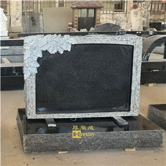 Black Granite Carved Leaves Headstone With Rock Split Edge