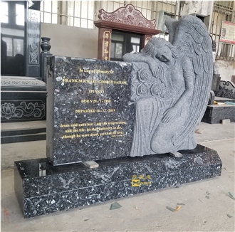 Blue Pearl Granite Kneeling Angel With Flat Top Headstone