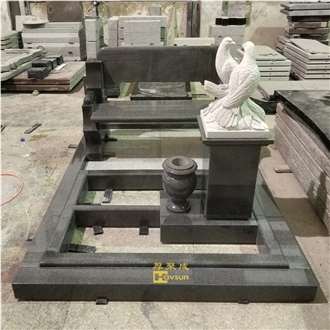 Dark Gery  Granite Memorial Tombstone With Bench And Dove