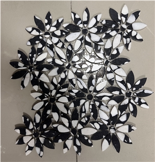 Daisy Flower Waterjet Pattern Black & White Terrazzo Flooring And Backsplash Mosaic Tiles