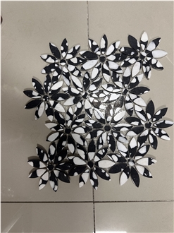 Daisy Flower Waterjet Pattern Black & White Terrazzo Mosaic Tiles