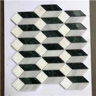 3D Cube Effect Green & White Hexagon Marble Mosaic Tiles